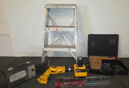 DeWalt Cordless Power Drill plugged in abd functioning, Deluxe Auto Analyzer, 3-Step Ladder, Hansen Socket Sets Lot
