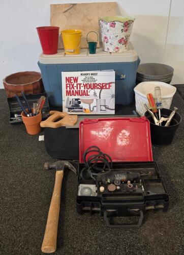 Mixed Lot: Hand Tools, Rotary Tool tested and functioning, Planters, Cooler, DIY Manual