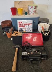 Mixed Lot: Hand Tools, Rotary Tool tested and functioning, Planters, Cooler, DIY Manual
