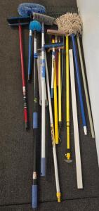 Assorted Cleaning Tool Lot: Brooms, Mop, Rakes, Squeegees, Extension Poles,