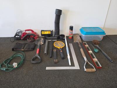 Assorted Hand & Garden Tool Lot &ndash; Shovels, Extension Cord, Bug Spray, Storage Bin