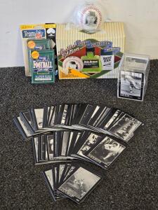 Vintage Baseball Cards Lot w/Babe Ruth Card, 1992 NFL Team Cards Sealed, Nolan Ryan Collectible Ball