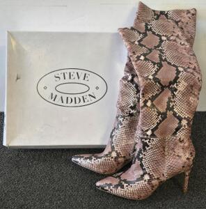 Steve Madden Knee-High Stiletto Boots, Pink Snakeskin Print, 4" Heel, Pull-On, Boxed Size 6.5