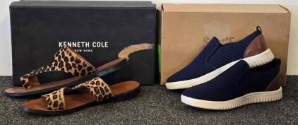 Kenneth Cole Leopard Print Women&rsquo;s Flat Sandals & Navy Knit Slip-On Men&rsquo;s Sneakers, With Boxes