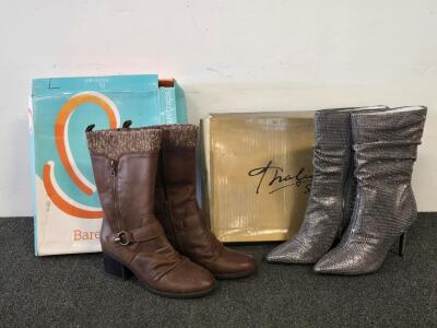 Baretraps Brown Mid-Calf Boots w/ Knit Cuff, Block Heel & Thalia Sodi Silver Stiletto Boots Set Size 10