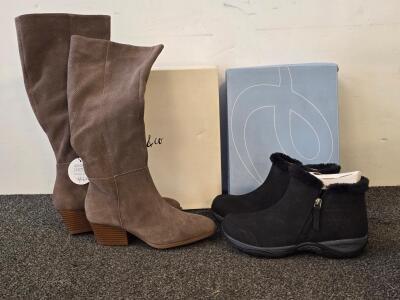 Style & Co Taupe Leather Mid-Calf Boots, Block Heel & Black Faux Fur Ankle Winter Boots, Boxes Incl Size 6.5