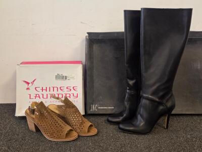 INC Black Knee-High Heeled Boots & Chinese Laundry Tan Suede Peep-Toe Sandals in Original Boxes Size 9