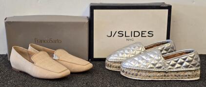 Franco Sarto Beige Woven Loafers & J/Slides NYC Silver Espadrille Platforms, Boxed Size 7.5