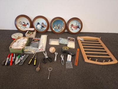 Workshop/Office Mixed Lot: Duck Wall Plates, Tool Assortment, Cable Ties, Wood Rack, Markers