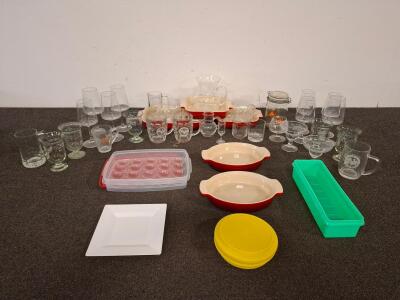 Mixed Kitchenware & Drinkware Lot &ndash; Glassware, Red Ceramic Bakeware, Plastic Containers