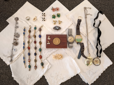 Vintage Jewelry & Watch Lot: Bulova, NELSON, Scarab Gemstone, Perth Mint Coin, 20+ Pcs