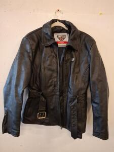 FirstGear by Hein Gericke Black Leather Motorcycle Jacket with Belt & Emblem, Classic Style