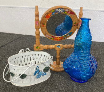 Wooden Mirror, Blue Glass Vase and Butterfly Basket