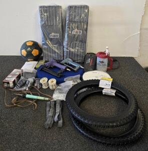 Mixed Lot: Tools, Bike Tires, Solder, Staplers, Vacuum, Soccer Ball & Misc.