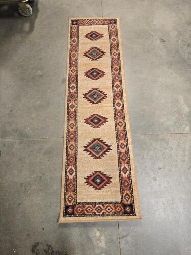 Geometric Tribal Runner Rug 8' x 2', Beige Multi-Color, Low Pile, Good Condition