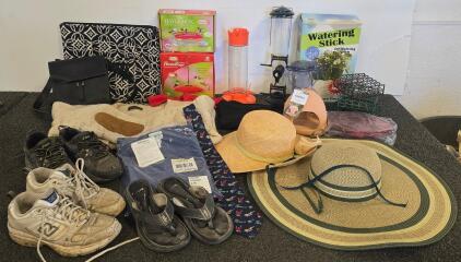 Mixed Lot: Asics & New Balance Shoes, Wide Brim Straw Hats, Bird Feeders, Bags, Garden Kits