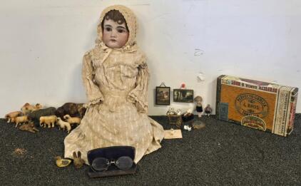 Antique Bisque Head Doll with Vintage Accessories and Hagen-Renaker Figurines