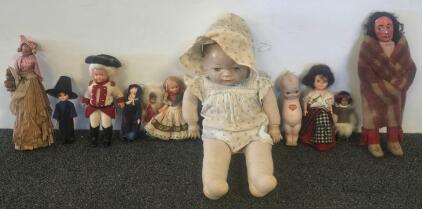 Antique & Vintage Doll Lot &ndash; 11 Dolls, Includes Kewpie, Composition Baby, Folk & Ethnic Costumes, 4&ndash;20&rdquo;