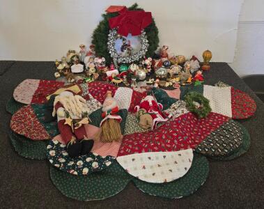 Large Lot Vintage & Handmade Christmas Ornaments, Santas, Tree Skirt, Wreath, 35+ Pieces