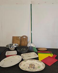 Large Assorted Kitchenware Lot &ndash; Vintage Serving Platters, Mixing Bowls, Cutting Boards Set