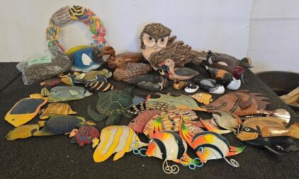 Large Mixed Lot Animal Wall Art & Figurines &ndash; Fish, Birds, Turtles, Carved & Painted Metal/Wood