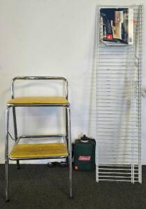 Vintage Cosco Stylaire Two-Step Folding Step Stool, Yellow and Chrome, 1950s-1960s, Shelves, Canteen