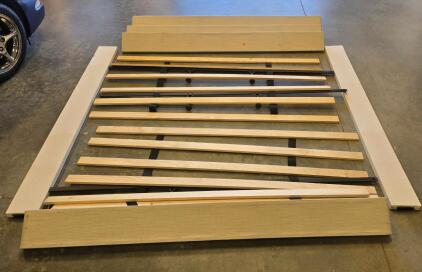 King Upholstered Platform Bed Frame with Slats, Headboard, Footboard, Metal Support, Beige Finish