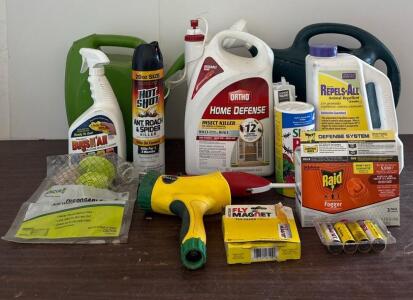 Mixed Garden Pest Control Supply Lot - Ortho, Raid, Hot Shot, Repels-All, Watering Cans