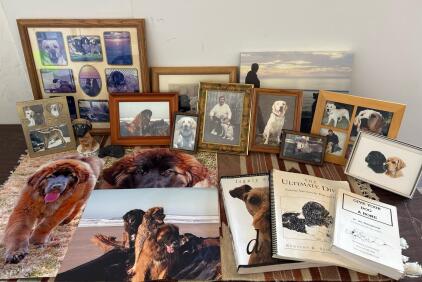 Dog-Themed Memorabilia Lot: Books, Framed Photos, Figurines, Leonberger Prints