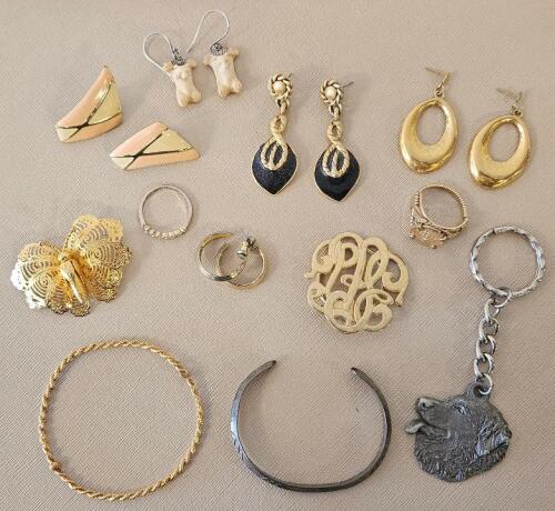 Assorted Costume Jewelry Lot: Brooches, Bracelets, Rings, Earrings, Keychain