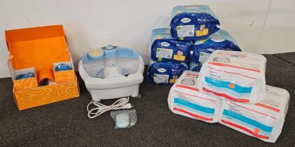 Adult XL Incontinence Underwear 9 Packs, Bark Crocs Dog Shoes, Conair Foot Spa with Accessories (tested, works)