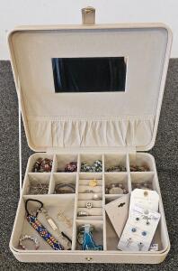 Jewelry Box with Mirror, 25+ Costume Jewelry Pieces, Bracelets, Rings, Carded Earrings