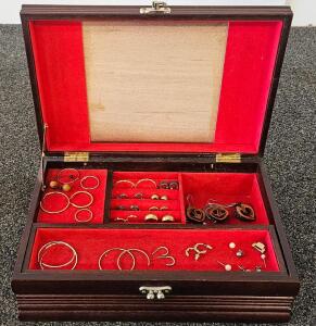 Vintage Costume Jewelry & Artisan Earrings Collection with Decorative Wooden Jewelry Box, ~22 Pieces