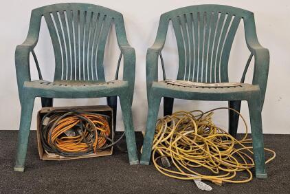 Outdoor Green Patio Chairs (2) and Assorted Heavy-Duty Extension Cords, Multiple Lengths