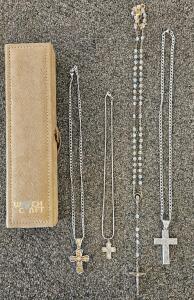 Lot of 3 Cross Necklaces, 1 Beaded Rosary, with Watch Craft Suede Storage Box