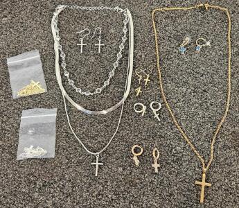 Mixed Lot of Cross Necklaces, Earrings, and Bracelet, Gold & Silver Tone, Multiple Styles, 16 Pieces