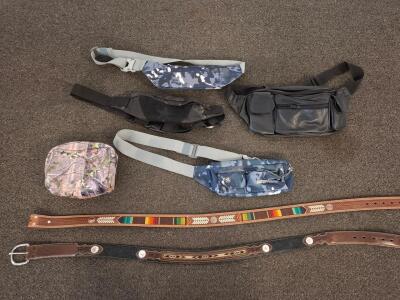WATERFLY Blue Camo Fanny Pack, 3 Other Waist Packs & 2 Nocona Leather Western Belts (40/38in)