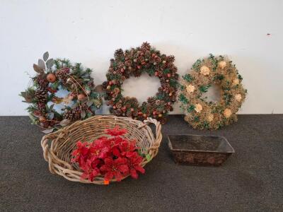 Holiday Pinecone & Floral Wreaths (18&ndash;22"), Wicker Basket, Metal Planter &ndash; Set of 5 D&eacute;cor