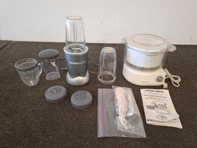 NutriBullet 600 Series Personal Blender with 3 Cups, Lids & Extractor Blade, Gray, black and decker steamer( both powered on.