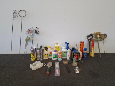 Garden & Auto Supply Lot &ndash; Chemicals, Oils, Stanley Saw, D&eacute;cor Stakes, 20+ Pieces, Mixed Brands