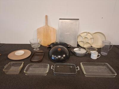 Large Assorted Kitchen Cookware & Bakeware Lot &ndash; Electric Wok, ( powered on) Glass Dishes, Pizza Peel, Casserole dishes