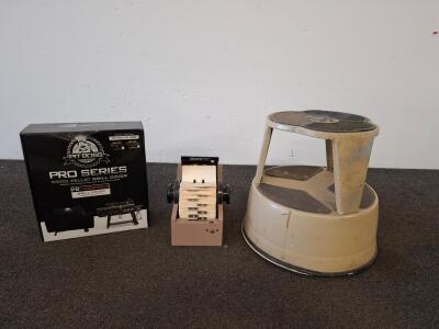 Rolodex 2284 Rotary Card File, Metal Body, Brown, A-Z Tabs, Pit Boss Wood Pellet Grill Cover (New), And Two Step Stool