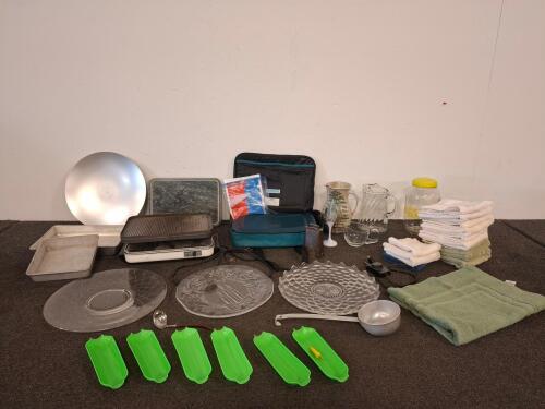Large Assorted Kitchenware & Linens Lot &ndash; Bakeware, Glassware, Towels, Griddle, ( powered on) Storage. ( shelf E)