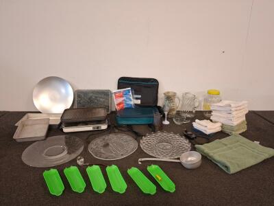 Large Assorted Kitchenware & Linens Lot &ndash; Bakeware, Glassware, Towels, Griddle, ( powered on) Storage. ( shelf E)