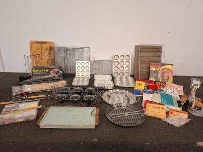 Vintage Kitchenware Lot &ndash; Universal Meat Grinder, Bakeware, food warmer, ( powered on) Tools, Cookbooks, 35+ pcs