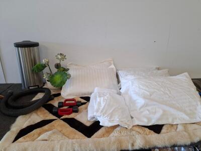 Pair of 3 lb Dumbbells, stainless steel trash can, fluffy area rug, 6 bed pillows with cases, unique dollar bill plant. Red Foam Handle, Black Plastic Ends, Compact Design. ( shelf J)