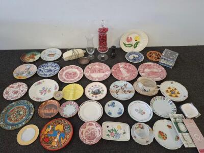 Large Assorted Lot of Vintage Souvenir, Transferware & Floral Plates, Approx. 32 Pieces, 1950s&ndash;80s. ( shelf j)
