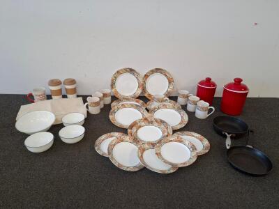 Corelle Leaf Pattern 23-Piece Dinnerware Set with Red Canisters, Frying Pans, and Mugs
