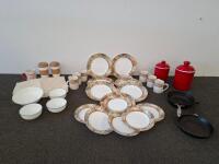 Corelle Leaf Pattern 23-Piece Dinnerware Set with Red Canisters, Frying Pans, and Mugs