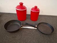 Corelle Leaf Pattern 23-Piece Dinnerware Set with Red Canisters, Frying Pans, and Mugs - 4